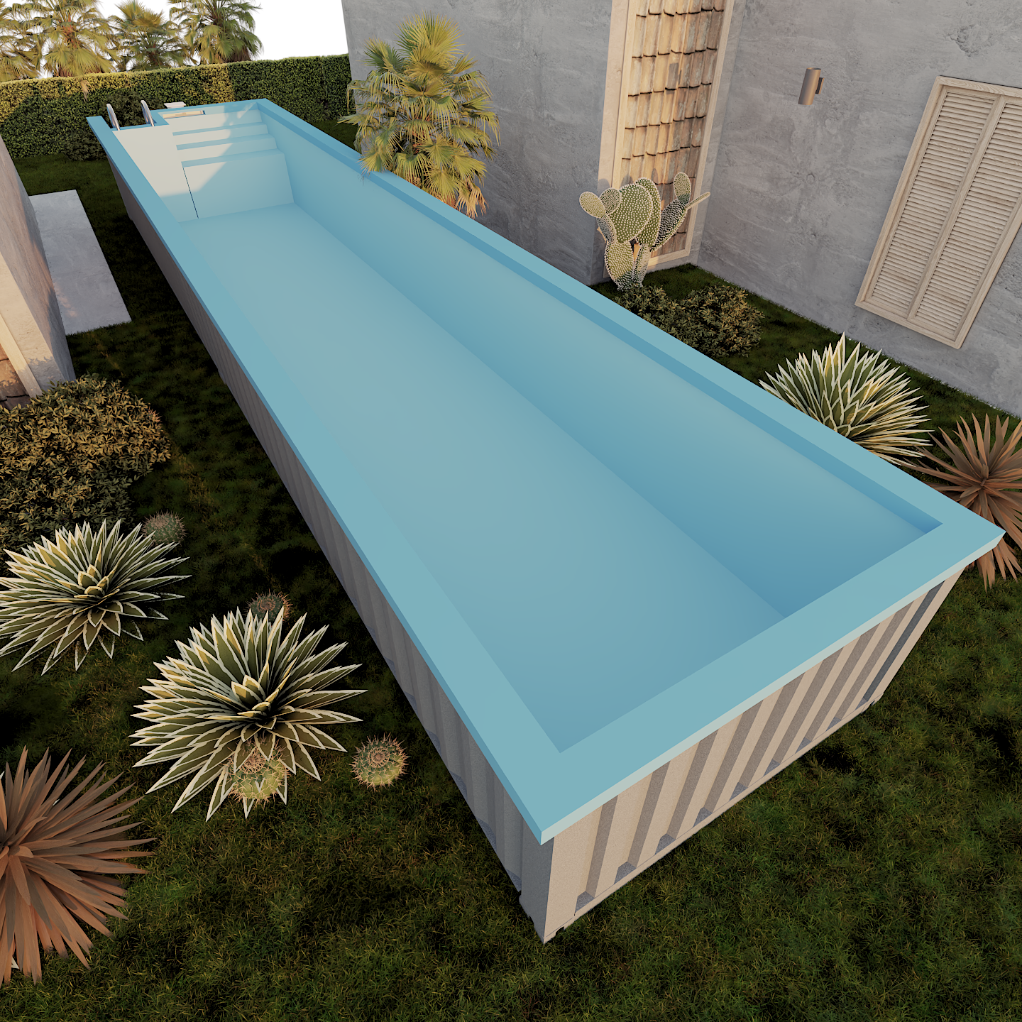 Render da piscina em contentor de 12 metros num jardim