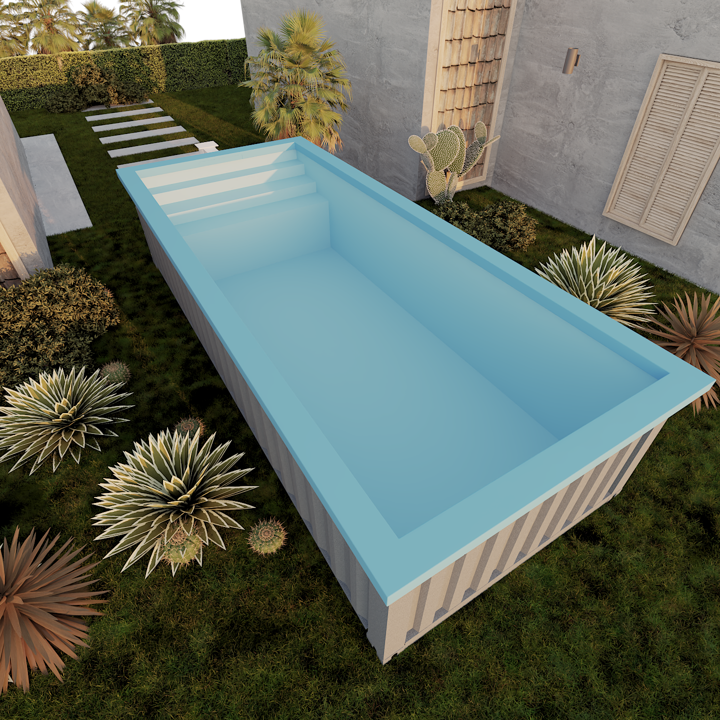 Render da piscina em contentor de 6 metros num jardim